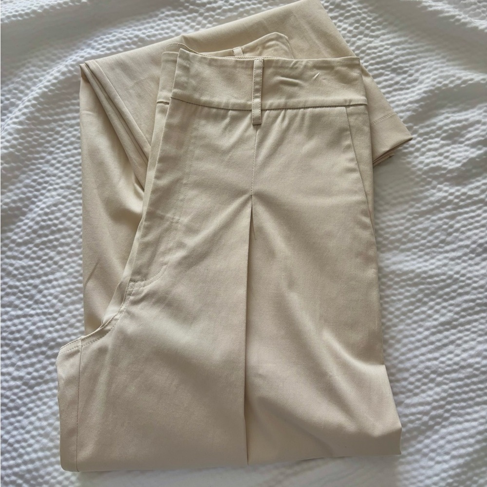 WOERA Beige Cotton Pleated Tailored Wide Leg Trouser
